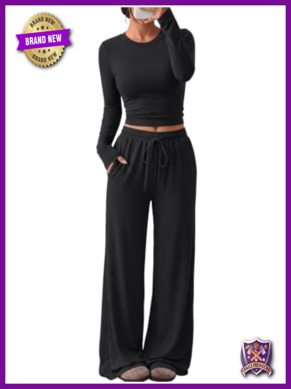 2 Piece Lounge Set Long Sleeve Top Wide Leg Pants with Pockets